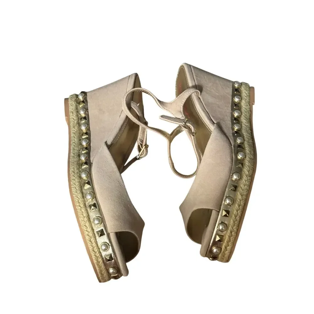 Lilly Pulitzer Hadley Espadrille Wedge Sandals Womens US 9 Beige Pearl Studded